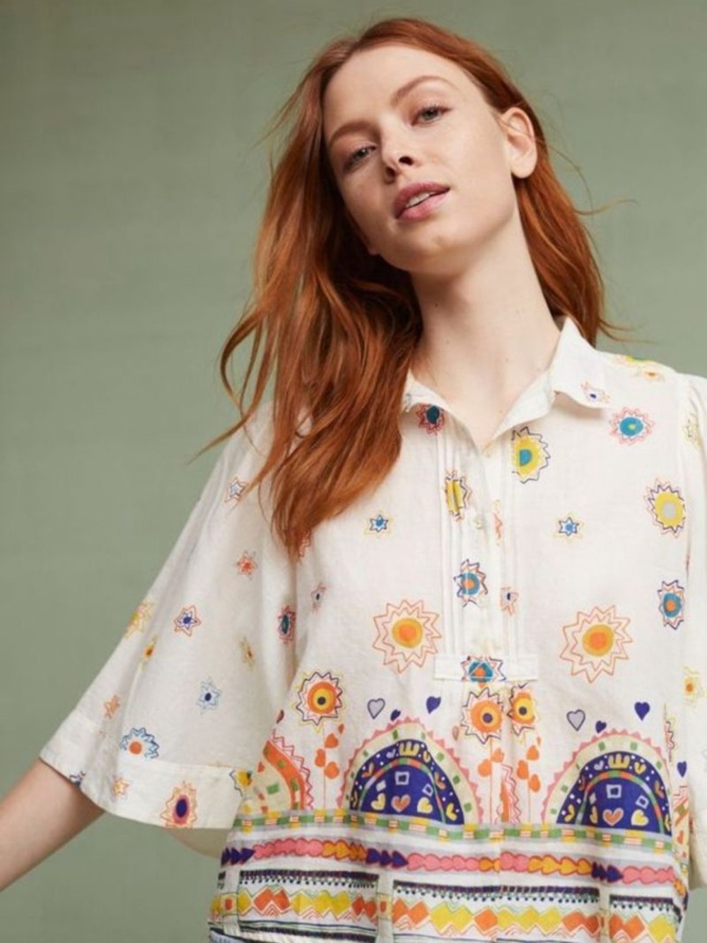 ☀️Maeve☀️ White Embroidered Floral Buttoned Peasant Top